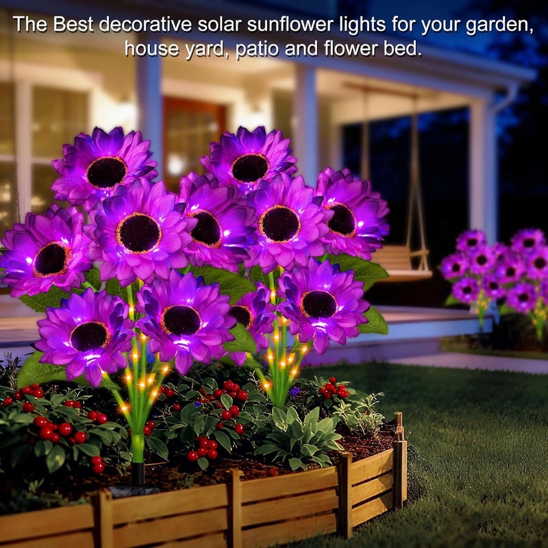 SANDECO Solar Sunflower Lights Outdoor Garden Decor, 6 Pack Solar Purple Flowers Lights with 18 Sunflowers, Waterproof Fall Decor Stake Decorative Light Auto ON/Off for Garden Yard Patio, Gift for Women - Image 5